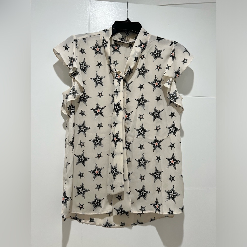 Zara Star Print Tie Neck Ruffle Sleeveless Blouse Size S